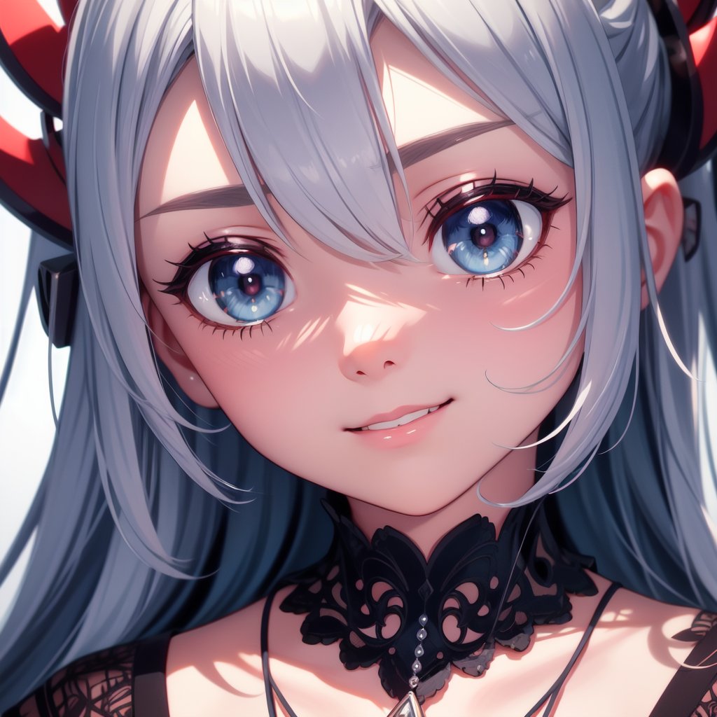 a close up from 1 beautiful and cute girl, extreme close-up, detailed blue-silver eyes, long red hair,  beautiful dainty necklace,  shy smile,  (masterpiece:1.2), (best quality:1.2), newest, ai-generated, ultra-detailed, best shadow, detailed background, high contrast, (best illumination, an extremely delicate and beautiful), ((cinematic light)), hyper detail, dramatic light, intricate details, 8k, anime, very aesthetic, vibrant color,