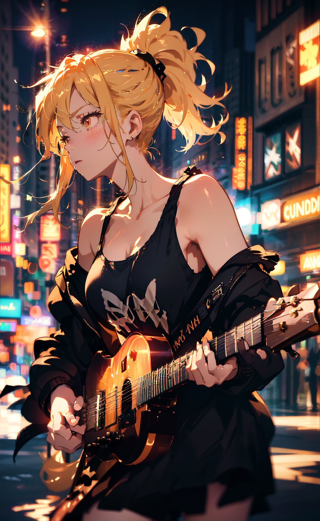 flash photography, (dynamic:1.1), close-up, blurry photo, motion blur, dark moody lighting, dim lighting, girl with blonde ponytail, busker, playing guitar, (punk style:1.1), tank top, cardigan, off shoulder, oversized clothes, (androgynous:1.1), lens flare, Manhattan, night, nighttime, style of Nan Goldin