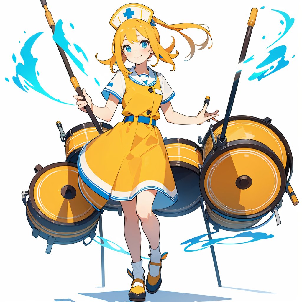 (masterpiece, best quality,top quality),(white background:1.5),(full body:1.1),1girl,solo,long hair,yellow hair,smile,hair ornament,blush,looking at viewer,standing,blue eyes,white nurse,short sleeves,ribbon,blue magic,orange theme,pigment flying,indoor,tile_floor,big work drum,<lora:Celluloid_flat_mix_v2:0.8>,