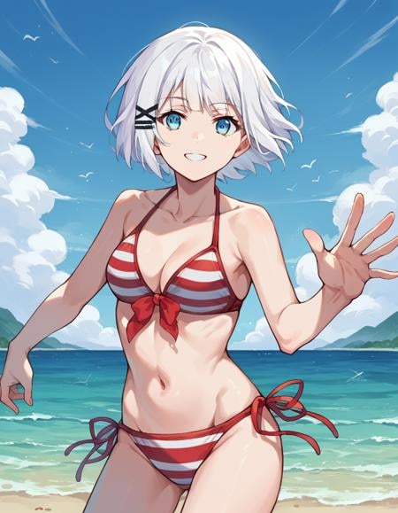 score_9, score_8_up, score_7_up, source_anime,siesta, <lora:siesta-ponyxl-lora-nochekaiser:1>,siesta, short hair, bangs, blue eyes, hair ornament, white hair, hairclip, smile,bikini, striped bikini, red bikini, navel, collarbone,outdoors, beach,looking at viewer, cowboy shot, dynamic pose,