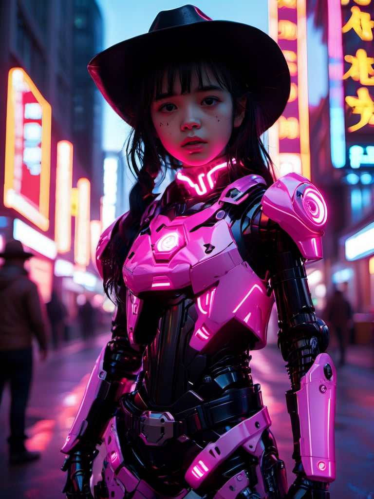 banlanz,1girl,black hair,realistic,looking at viewer,outdoors,neon lights,cowboy shot,closed mouth,standing,<lora:banlanz-1.5:1>,