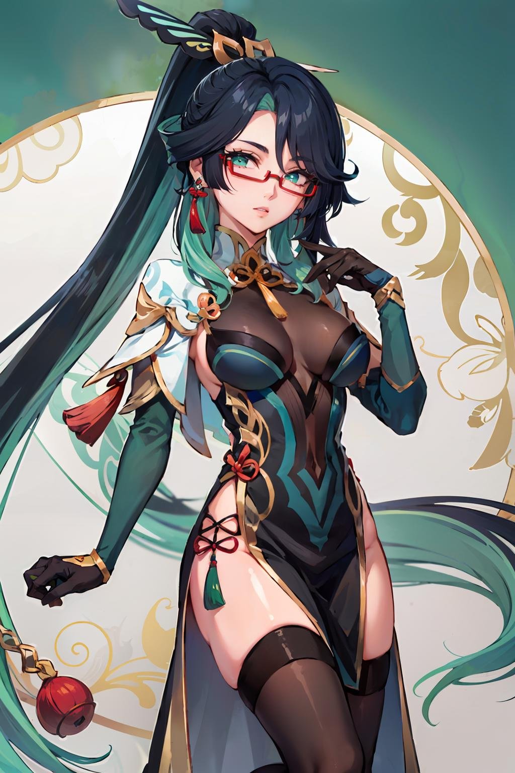 2d, masterpiece, best quality, anime, highly detailed face, perfect lighting, long hair, ponytail, multicolored hair, black hair, bangs, glasses, semi-rimless eyewear, earrings, green hair, hair ornament, jewelry, red-framed eyewear, chinese clothes, gloves, green eyes, <lora:xianyun_lora_1-08:0.9>, full body, dress