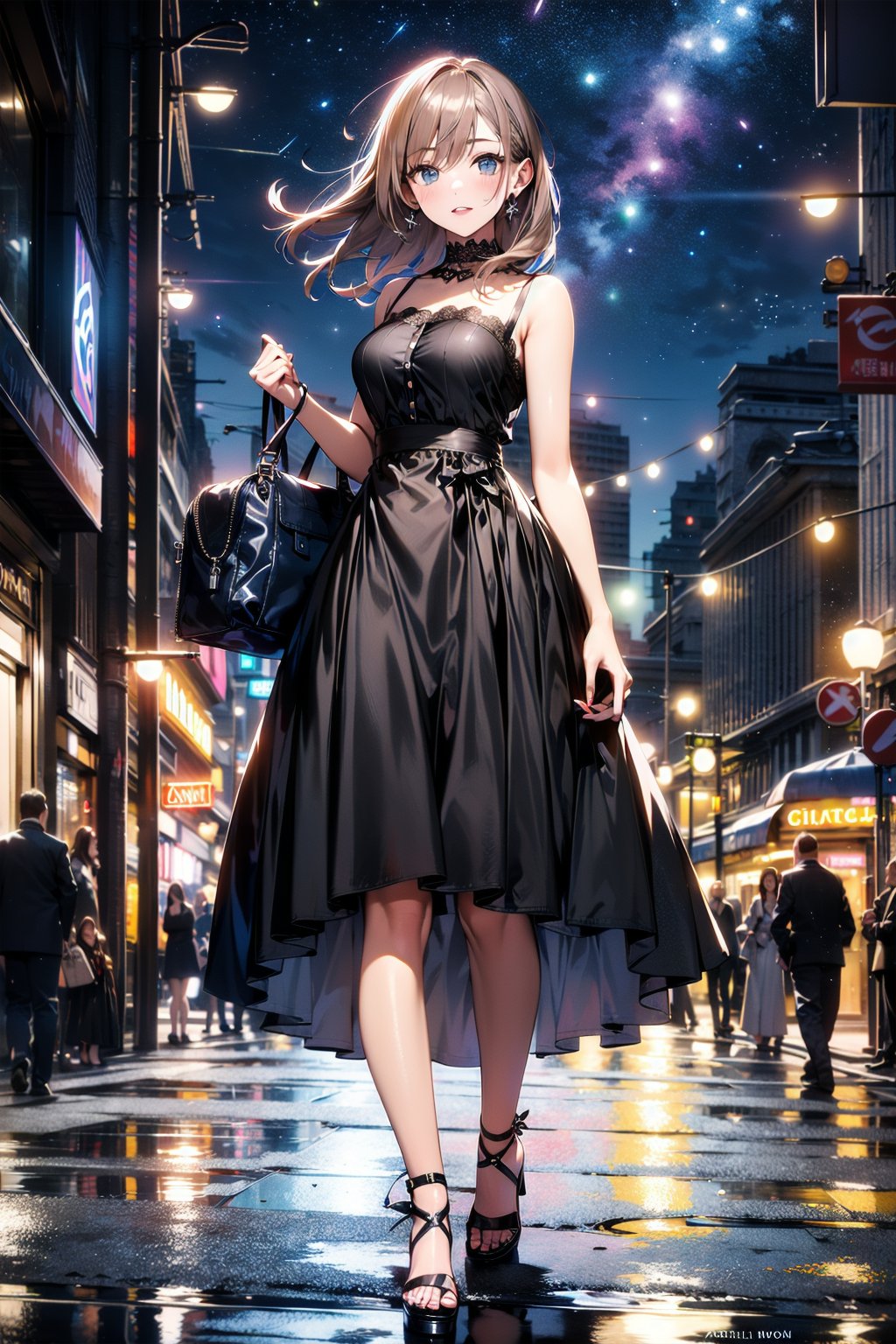 Adult woman with ginger hair, black dress, slender, full body (dark night building  city street :1.5) (masterpiece, best quality:1.3)