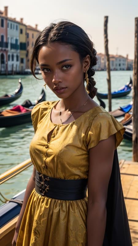 (masterpiece, best quality, highres:1.2), (photorealistic:1.2), raw photo, photo of a beautiful, black skin, dark skin, African supermodel, purple makeup, dawn, Venice, gondola, colorful dress, yellow&purple theme, Porta 160 color, shot on Leica T, sharp focus on subject, shot by Anne Geddes, (cinematic, purple and yellow:0.85), (vibrant color),  (sharp), (film grain:1.3), (morbid light:1.2), (dynamic angle), exposure blend, bokeh, dim light, (hdr:1.4), high contrast, (muted colors, dim colors, soothing tones:1.3), low saturation, morbid