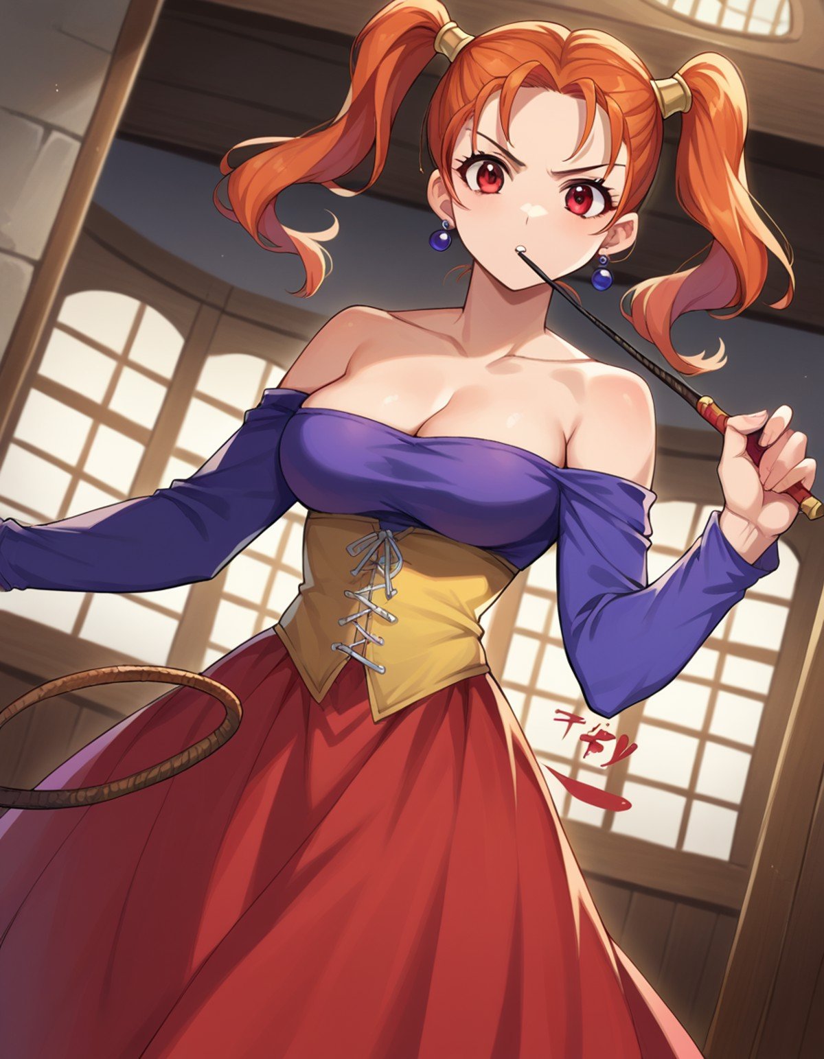 score_9, score_8_up, score_7_up, source_anime,jessicaalbert, <lora:jessica-albert-ponyxl-lora-nochekaiser:1>,jessica albert, orange hair, red eyes, twintails,bare shoulders, cleavage, dress, earrings, jewelry, off shoulder, off-shoulder dress, purple shirt, shirt, strapless, strapless dress, corset,indoors, whip, wand, fighting stance,looking at viewer, dutch angle, cowboy shot,