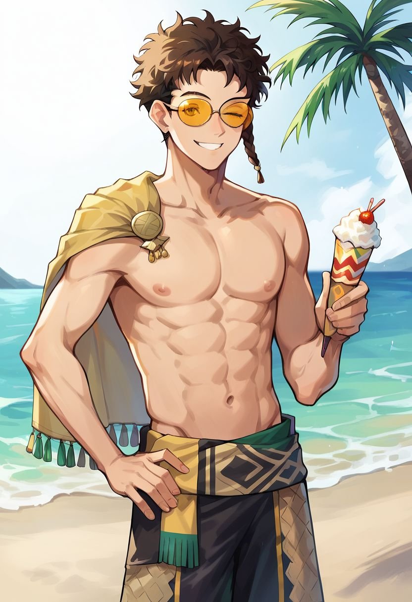 score_9, score_8_up, score_7_up, claudefe, claudewinter, claudefe, claudesummer, 1boy, solo, brown hair, short hair, curly hair, braid, golden round sunglasses, shirtless, male swimwear, holding ice cone, wink, portrait, looking at viewer, beach, palm tree, cowboy shot