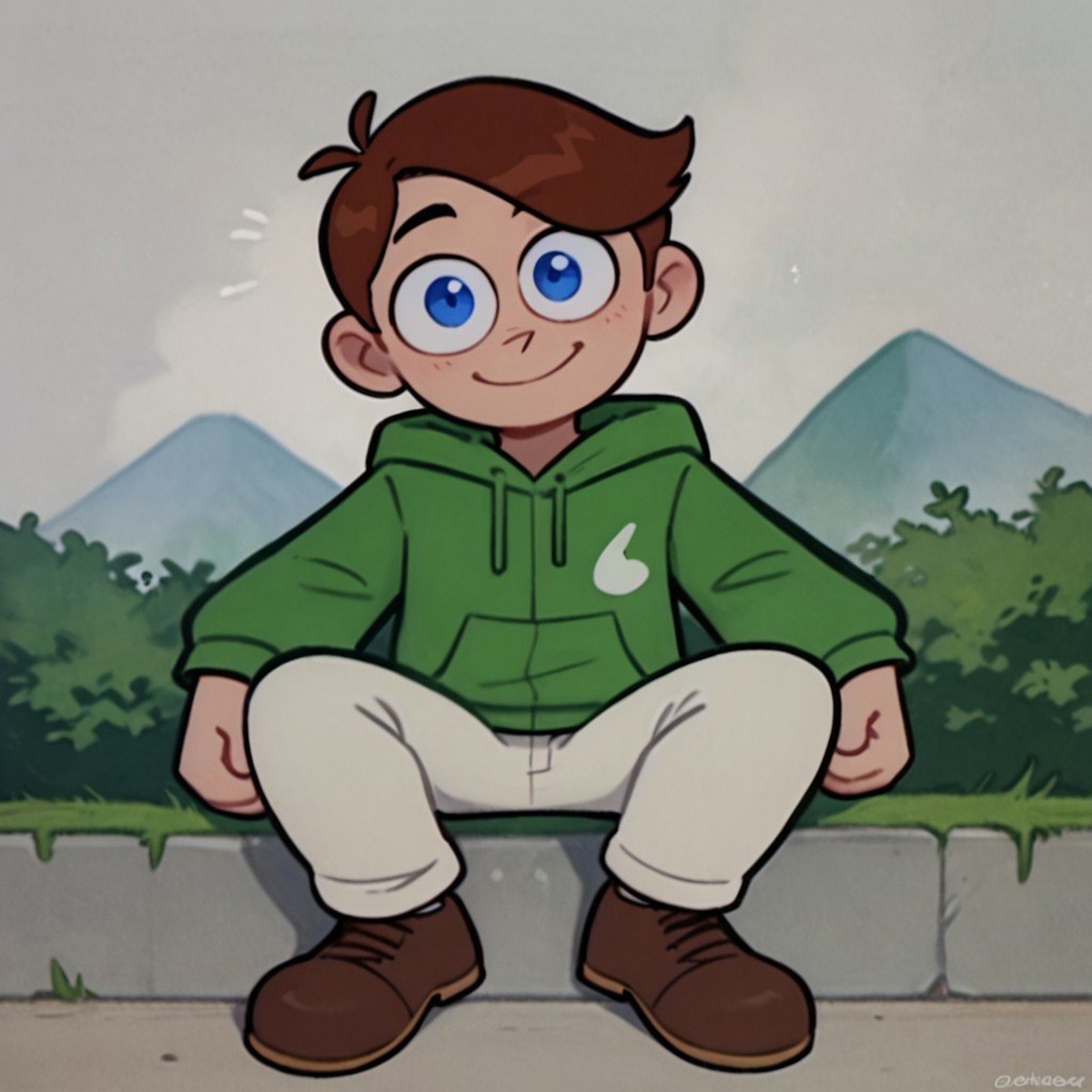 score_9, score_8_up, score_7_up BREAK FlcrDex, 1boy, brown hair, blue eyes, green hoodie, white pants, brown shoes, smiling at viewer,