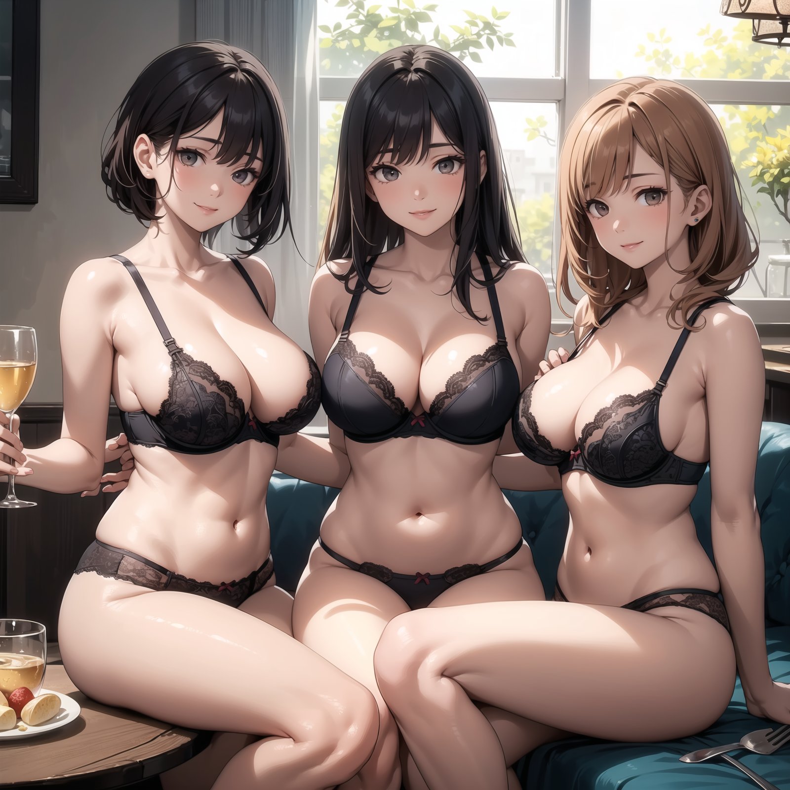 (masterpiece, best quality), female ageless, hazel eyes, protruding ears, deviated septum nose,round cheeks,auburn side-swept bangs hair, smile wearing triangle bra, plunge bra,huge breasts,sitting pose with legs spread, sitting with legs slightly spread, showcasing confidence and allure, silhouettes, characters outlined against a bright background, evoking intimacy without explicit details, sisters gathering, with a beautifully set table and heartfelt conversations