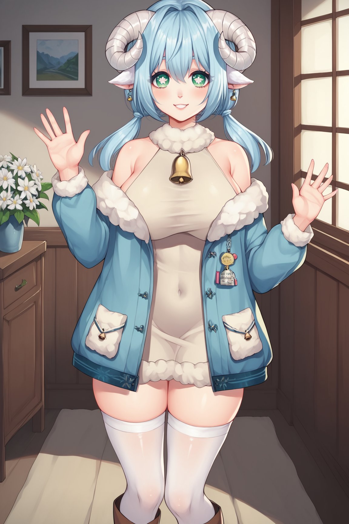 score_9, score_8_up, score_7_up, score_6_up, score_5_up, score_4_up, KotoneAsahiVTXL, green eyes, white pupils, flower shaped pupils, blue hair, short hair, twintails, hair between eyes, sheep ears, curled horns, large breasts, bare shoulders, blue jacket, fur trim, white dress, neck bell, white thighhighs, brown boots, solo, standing, waving, seductive smile, looking at viewer, indoors <lora:KotoneAsahiVTXL:0.8>