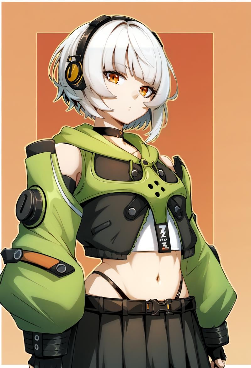 score_9, score_7_up, BREAK upper body, 1girl, <lora:Anby_Demara-zzz-LoRA-v1:1> anby, short hair, white hair, orange eyes, headphones, choker, green jacket, crop top, midriff, detached sleeves, long sleeves, puffy sleeves, miniskirt, pleated skirt, black skirt, highleg panties, belt, fingerless gloves, standing, head tilt, looking at viewer, orange background, white border, <lora:gin_moku-style-LoRA:1> 