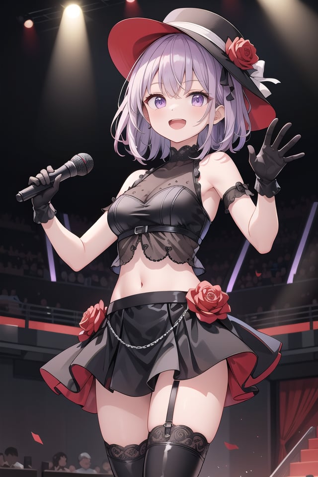 insanely detailed, absurdres, ultra-highres, ultra-detailed, best quality,1girl, solo, nice hands, perfect handsBREAK(nsfw:-1.5),(Royal:1.4), (red and black theme:1.5), ((red) bucket hat with rose corsage:1.4), (fusion of black high neck crop top and latex (red bustier):1.4), ((floral lace, see-through):1.3), ((sleeveless, bare shoulders):1.3), (red tiered skirt with black ruffles:1.4), ((ultra long gloves) with floral lace:1.3), (wrap a (cat garter) around thighs:1.4), ((red:1.3) platform HIGH boots:1.1),(naked skin:-1), (cat:-1), (cat ear:-1), (cat tail:-1), (garter belt:-1), (strap:-1), (black skirt:-1), (white skirt:-1), (red glove:-1), (cape:-1), (slit:-1)BREAKhappy smile, laugh, open mouth, (standing, singing, dancing, holding one microphone in left hand:1.4)BREAKcute pose, cowboy shotBREAKslender, kawaii, perfect symmetrical face, ultra cute girl, ultra cute face, ultra detailed eyes, ultra detailed hair, ultra cute, ultra beautifulBREAKindoors, concert hall, idol live, crowded audienceBREAKmedium large breastsBREAKpurple hair, purple eyes, shag,