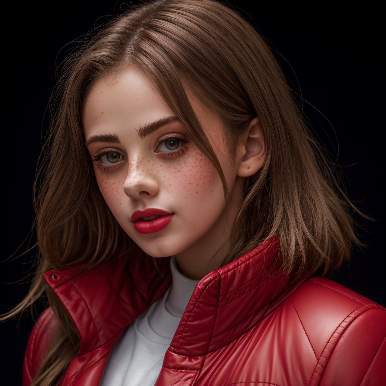 (masterpiece:1.3), best quality full body portrait of adorable (AIDA_LoRA_InWo2023:1.06) <lora:AIDA_LoRA_InWo2023:0.83> in (simple red jacket:1.1), [stunning girl], glossy skin with visible pores and freckles, pretty face, naughty, funny, happy, playful, dramatic, insane level of details, intricate pattern, kkw-ph1, (colorful:1.1), (studio photo:1.1), (simple black background:1.1) 