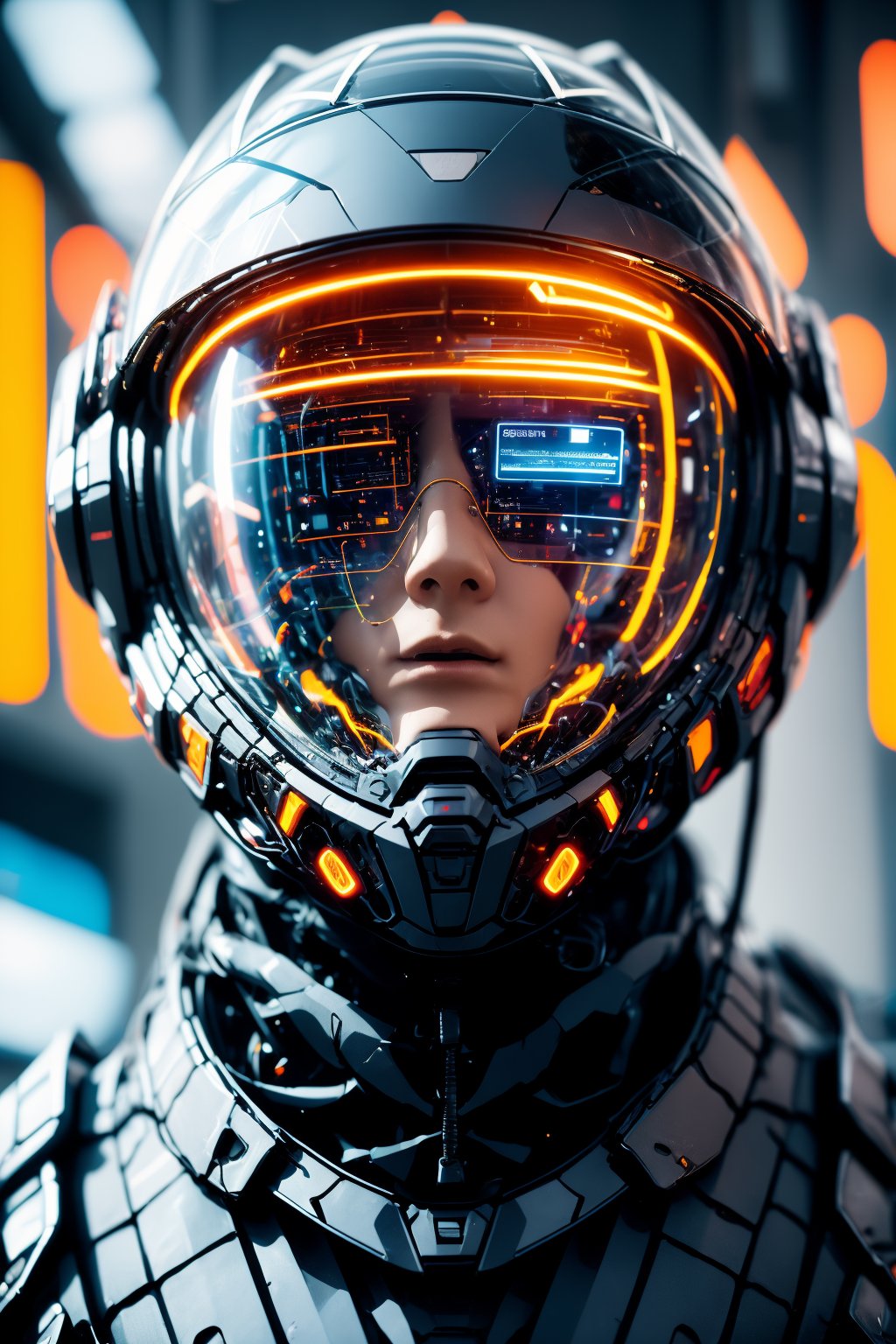 AgainCyberpunk, 1girl, solo, realistic, science fiction, helmet, cable, cyberpunk, lips, portrait, head-mounted display, blurry, robot, depth of field, blurry background, closed mouth, screen, glowing, facing viewer