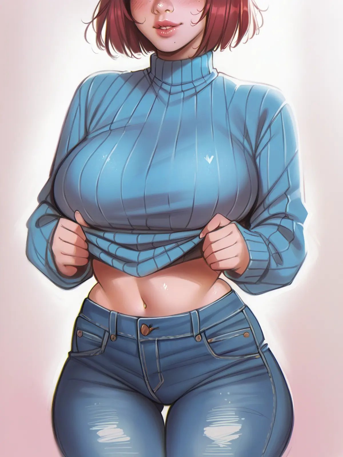 <lora:p4l0m4XLP:1> p4l0m4, 1girl, nude, large breasts, sweater, jeans, score_9, score_8_up, score_7_up, score_6_up,  