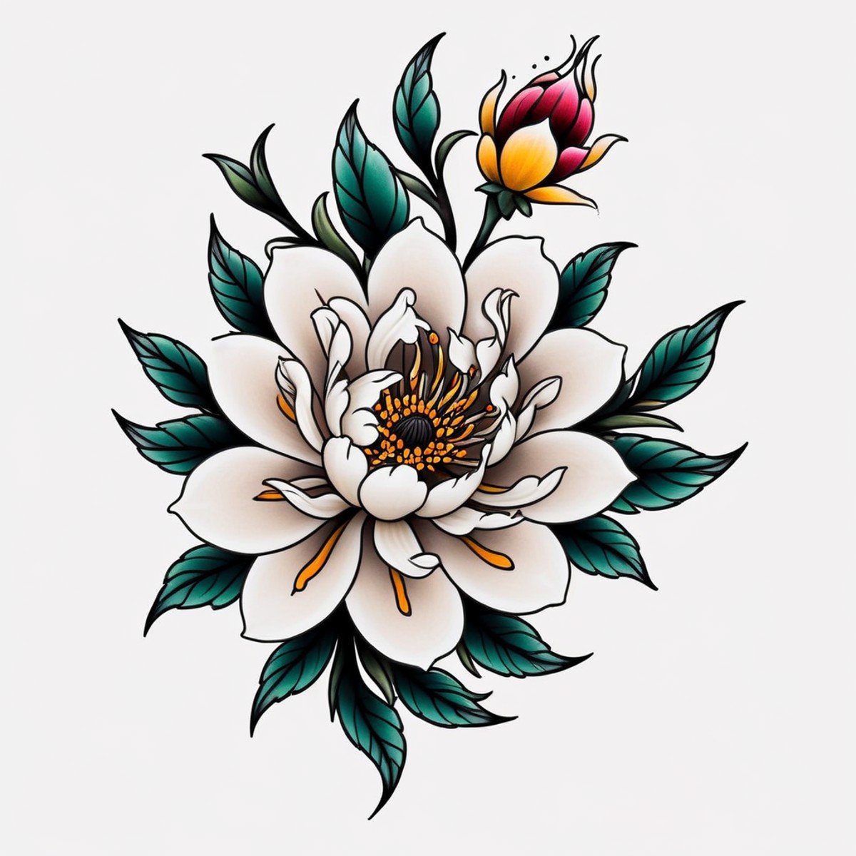 <lora:Traditional_Tattoos:0.65> flowers in style of tr4dt4t, traditional tattoo, white background,