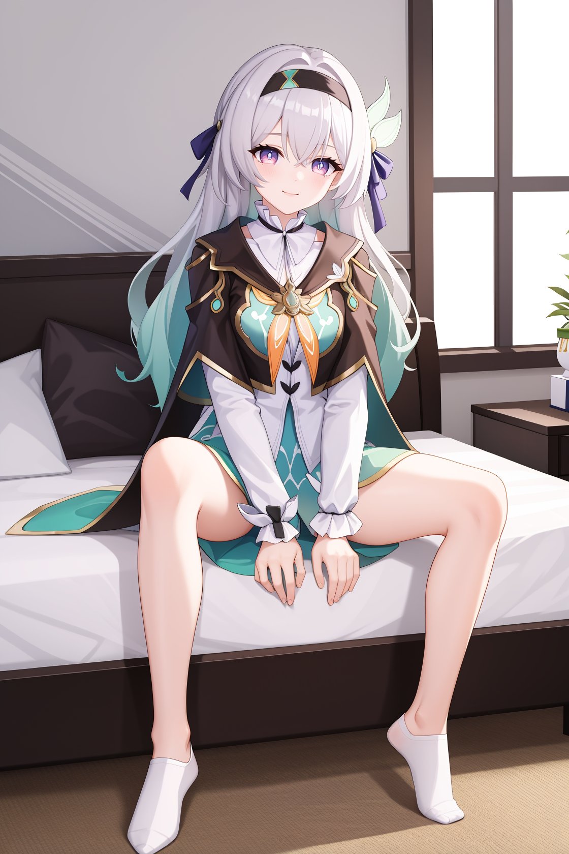 1girl,a girl named liuying,liuying,long sleeves,long hair,high quality,black hairband,(purple eyes:0.6),light smile,black capelet,green dress,full body,grey hair,bare legs,<lora:流萤21-000011:0.9:lbw=char>,sitting,spread legs,indoors,bedroom, (masterpiece,best quality:1.2),absurdres, high quality,