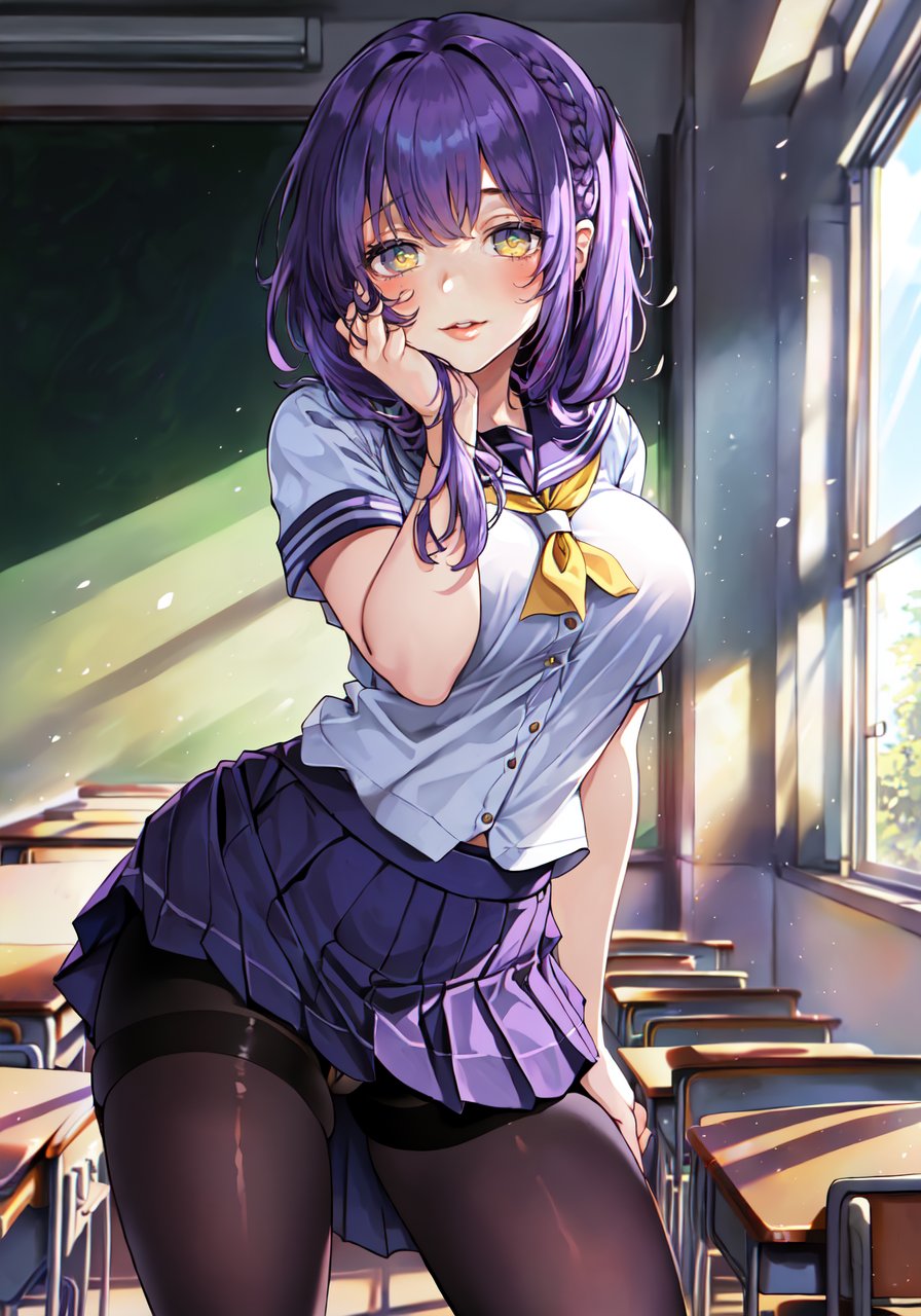 masterpiece, best quality, illustration, highres, absurdres, ultradetailed, highly detailed eyes, shiny, shiny skin, bright eyes, ((1 girl, solo, chool uniform, classroom, pantyhose, pleated skirt, confident pose,  daylight, sunny, purple hair, )),  <lora:yandereTranceMore:1> (yandere trance)