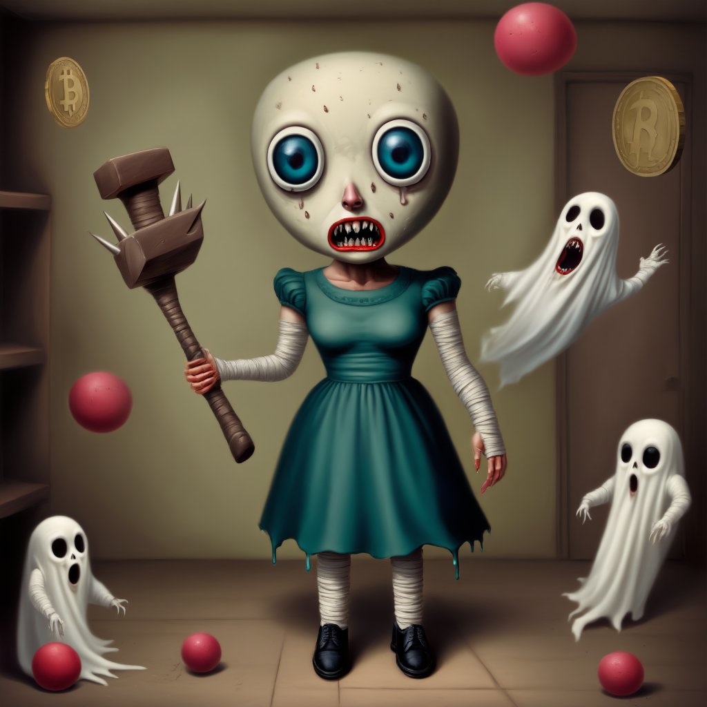 lowbrow art style, surreal, solo, looking at viewer, open mouth, blue eyes, dress, holding, standing, full body, shoes, teeth, indoors, black footwear, :o, black eyes, no humans, mask, bandages, spikes, ball, floating, monster, ghost, creature, hammer, coin, horror (theme), toy, holding hammer ,<lora:LowBrowF1D:1>