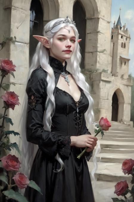 score_9, score_8_up, score_7_up, rating_safe, oil painting, traditional media, realistic, 1girl, solo, elf, pointy ears, breasts, long hair, very long hair, white hair, green eyes, portrait, looking at viewer, black dress, tiara, silver tiara, holding, holding flower, rose, red rose, necklace, jewelry, cowboy shot, standing, outdoors, castle <lora:Cold Oil Style SDXL_LoRA_Pony Diffusion V6 XL:1>