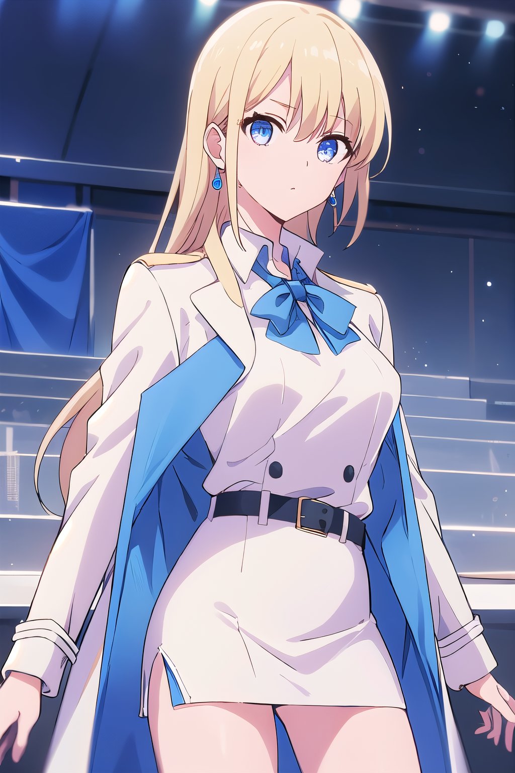 1girl, solo, (long hair), looking at the audience, bangs, blue eyes, long blond hair, shirt, long sleeves, jewelry, shut up, jacket, earrings, belt, coat, blue napkin, put on white jacket, center Breasts, mature appearance, secretary image, white miniskirt<lora:EMS-310362-EMS:0.400000>, <lora:EMS-980-EMS:0.800000>, <lora:EMS-166024-EMS:0.800000>