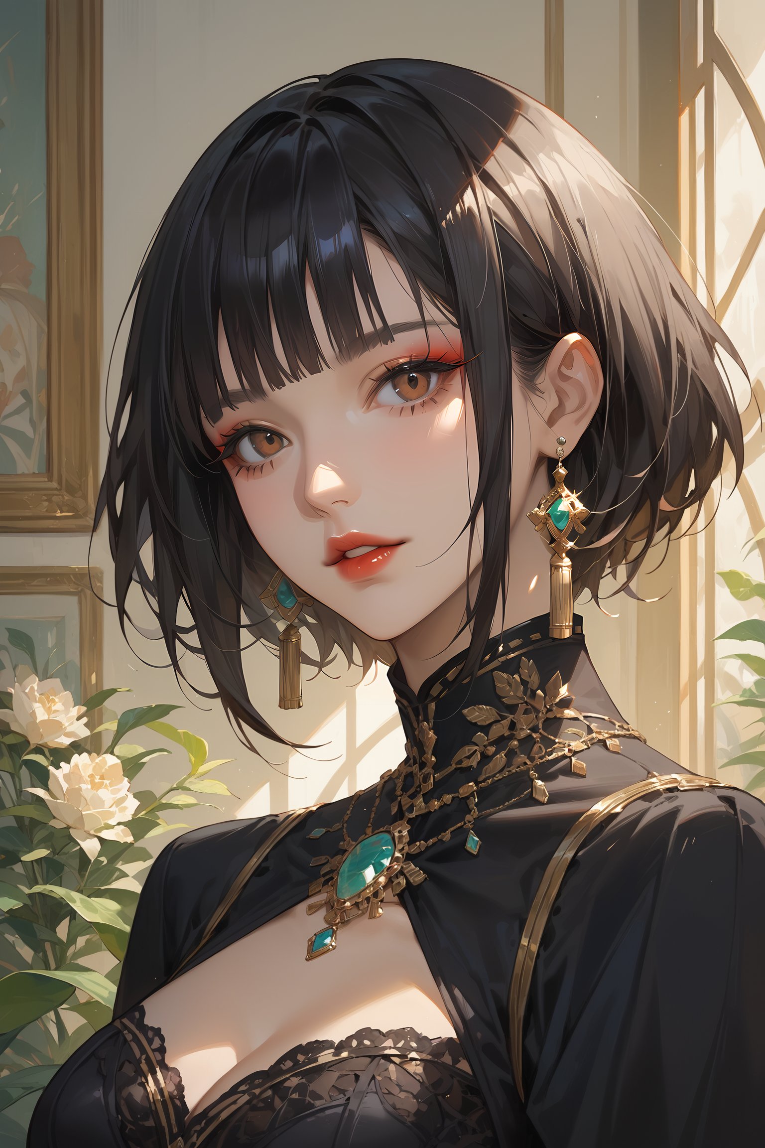 score_9, score_8_up, score_7_up, masterpiece, best quality, absurdres, very aesthetic, source_anime, detailed illustration, 8K UHD, close up, 1girl, solo, looking at viewer, short hair, bangs, black hair, brown eyes, jewelry, upper body, earrings, parted lips, indoors, blunt bangs, black dress, makeup, ring, gem, red lips