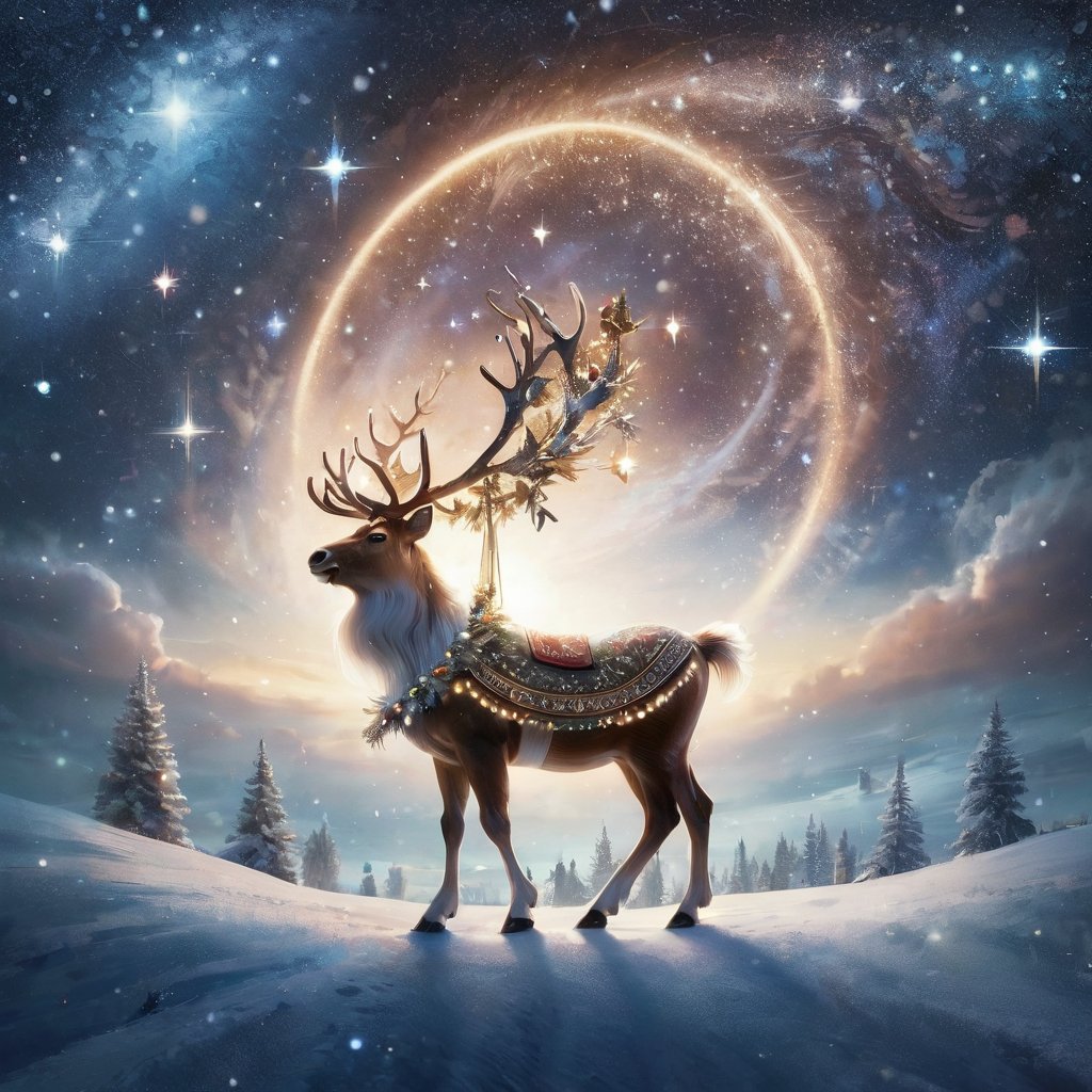 poakl christmas style,masterpiece,best quality,reindeer,fantasy,aesthetic,mystical,godly,starry sky,ascension,magnificent,no humans,<lora:poaklSDXLchristmas-000008:0.6>,