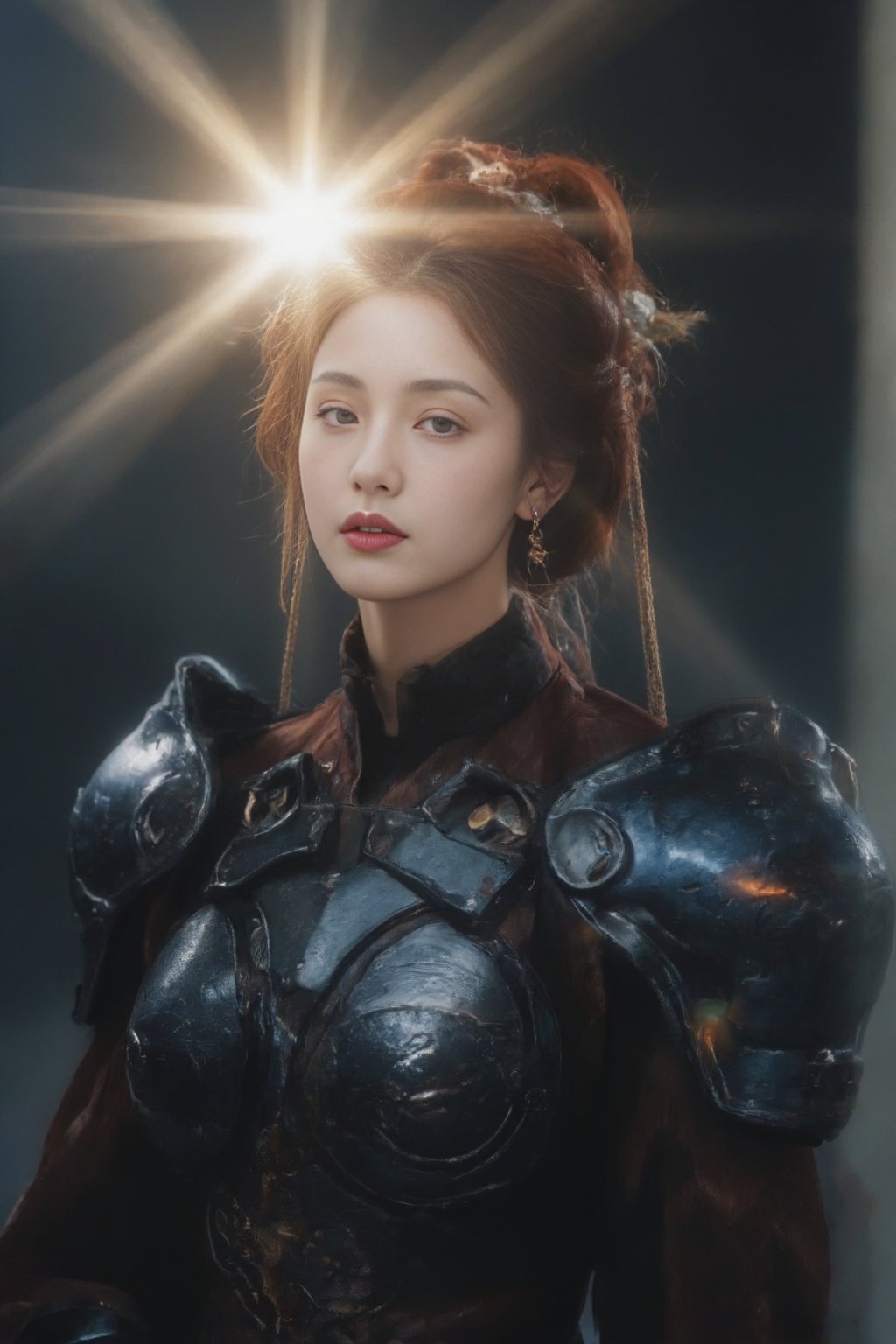 (Masterpiece, Best Quality:1.5),steampunk mecha,1 girl,armor,blur,blurred background,brown eyes,red hair with hair tied into a ponytail,earrings,mecha,glow,ore,lens flare,lips,looking at viewer,shoulder armor,solo,upper body,complex mecha,above the hips,(hanfu:1.4),