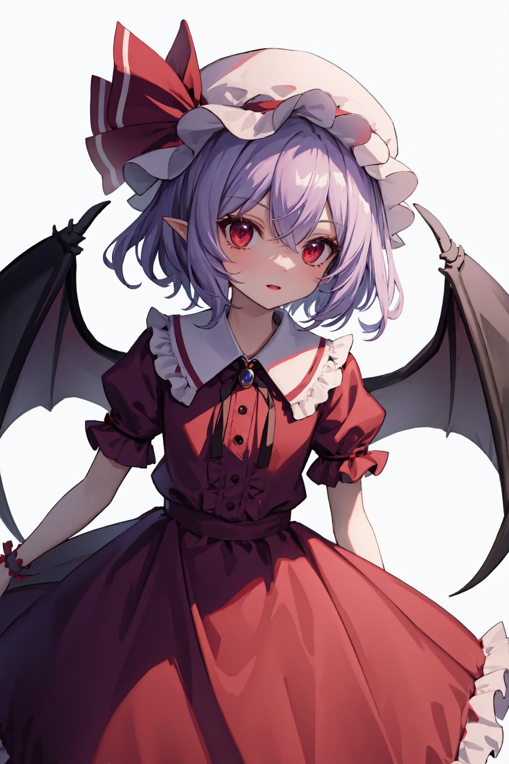 remilia_scarlet,solo,1girl,bat_wings,looking_at_viewer,mob_cap,puffy_short_sleeves,hat_ribbon<lora:remilia_scarlet:1>,simple background,white backgroundmasterpiece,best quality, highly detailed, 