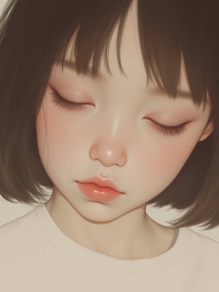 OBxiaoxiang,This is a digital artwork featuring a close-up portrait of a young girl with fair skin and soft, delicate features. She has a serene, almost dreamlike expression with closed eyes and slightly parted lips, giving an impression of peaceful tranquility. Her skin is smooth and lightly flushed, particularly around her cheeks, which have a subtle pink hue. The girl has medium-length, straight, dark brown hair with blunt bangs that frame her face, adding a touch of softness and innocence to her appearance. Her attire consists of a simple, light-colored shirt, which is barely visible due to the close-up perspective. The background is a soft, pale beige that blends seamlessly with the skin tones, drawing the viewer's focus entirely to the subject. The lighting is gentle and diffused, creating a soft, ethereal atmosphere that enhances the peaceful mood of the image. The overall style of the artwork is realistic with a slight touch of hyperrealism, evident in the detailed textures of her skin and the softness of her hair. The image evokes a sense of calm and introspection, capturing a moment of quiet contemplation or restful sleep.