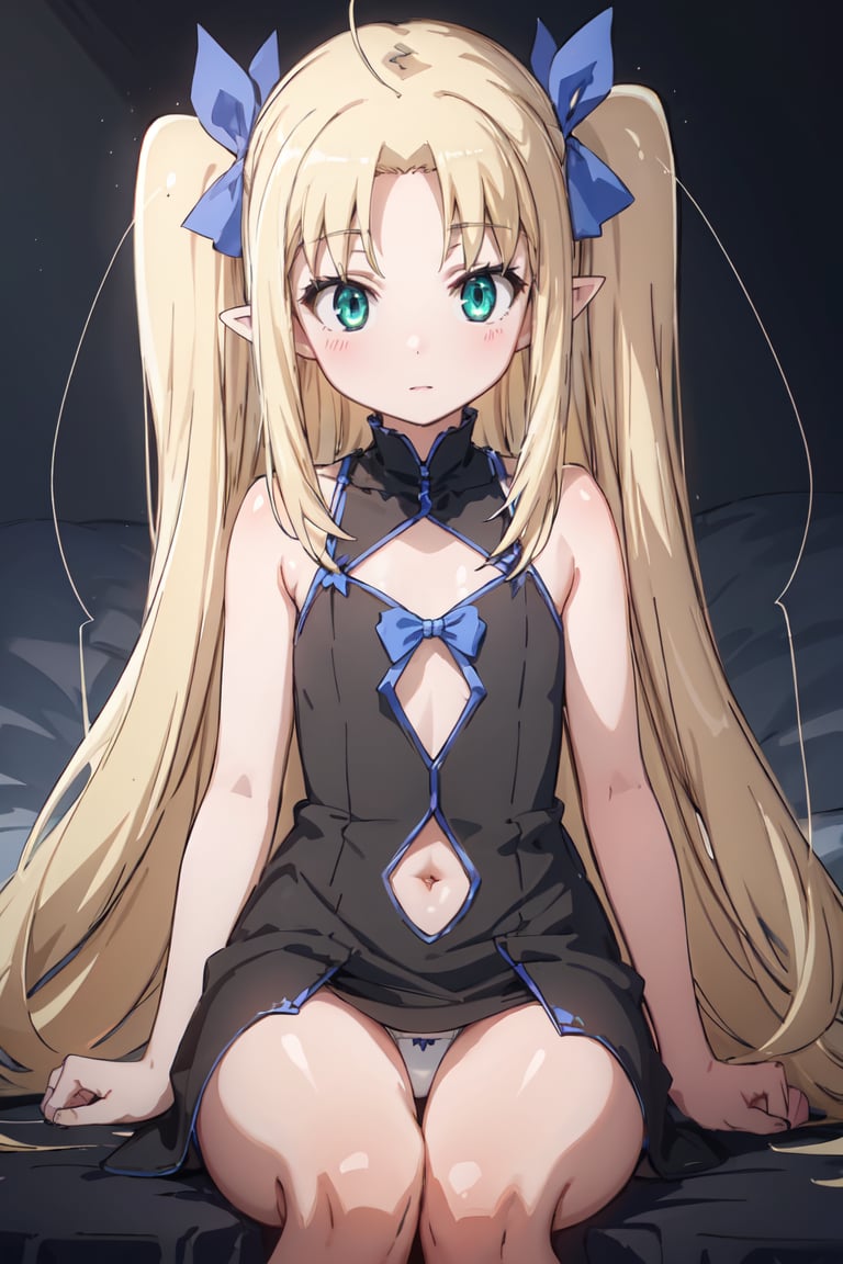 masterpiece, best quality, ultra-detailed, glistening shiny, glowing light, ray tracing, HDR, deph of field, (perfect face, detailed face),  <lora:AstarotteYgvar:0.7>, astarotte, long hair, two side up, pointy ears, blue hair ribbon, black nightgown, navel cutout, white panties, sitting