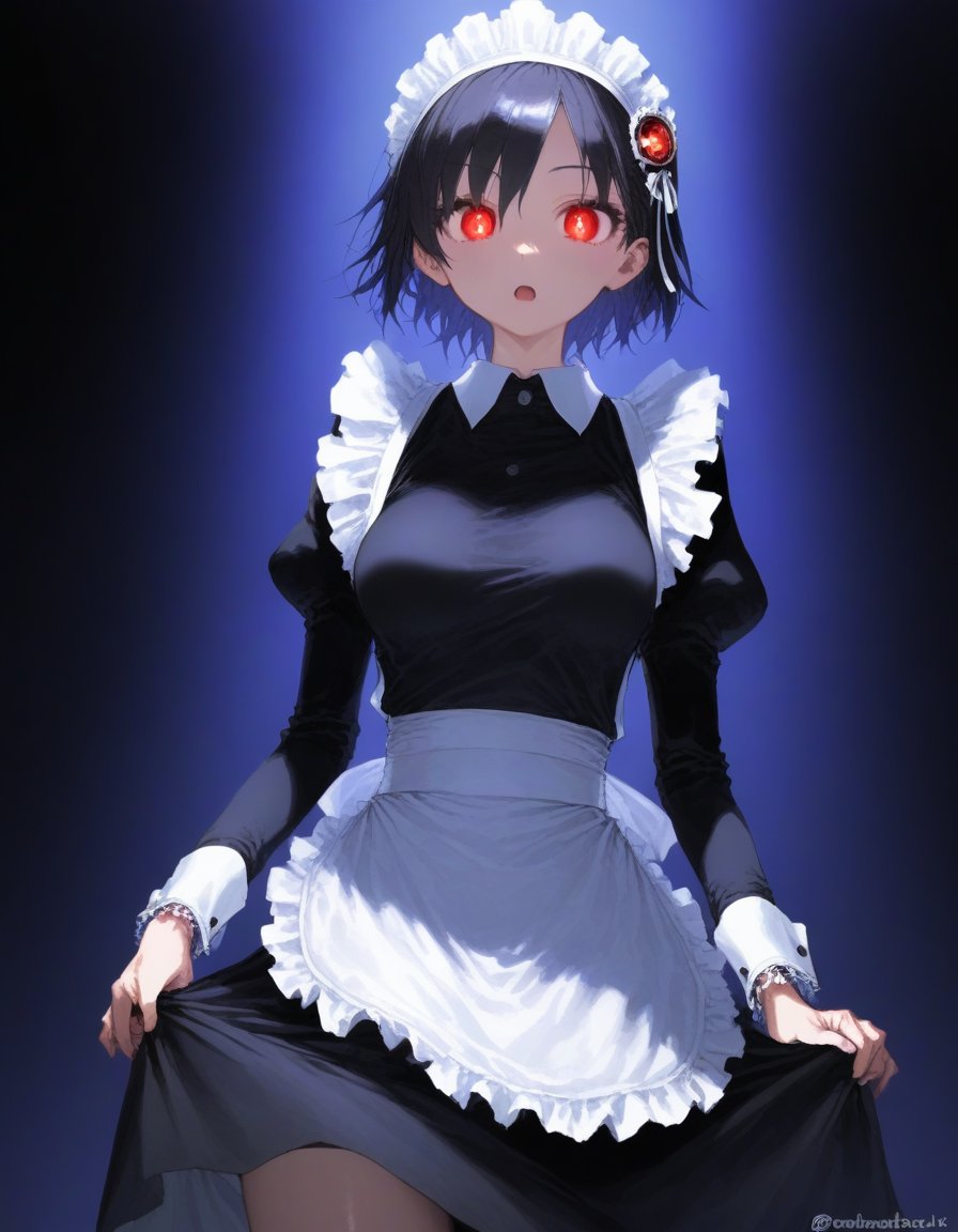 1girl, alternate costume, apron, aura, black background, black dress, black hair, breasts, collared dress, cowboy shot, dark aura, dress, enmaided, frilled apron, frills, gradient background, hair ornament, long sleeves, looking at viewer, maid, maid apron, medium breasts, open mouth, puffy long sleeves, puffy sleeves, red eyes, shaded face, short hair, solo, twitter username, white apron, wrist cuffs 