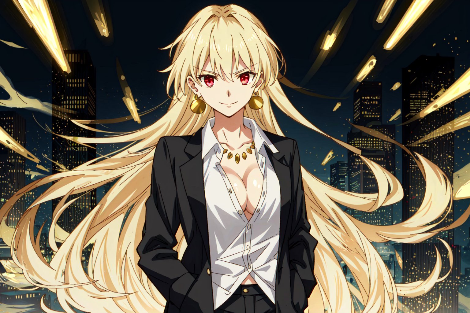 gilgamesh \(fate\), genderswap, solo, looking at viewer, evil smile, light particles, facing viewer, floating hair, masterpiece, best quality, hand in pocket, black jacket, white shirt, cleavage, gold earrings, cityscape, <lora:fem_gil_lora:1>