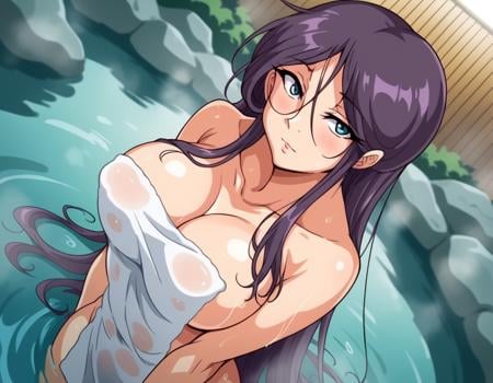 score_9, score_8_up, score_7_up, source_anime,reikashichijou, <lora:reika-shichijou-ova-ponyxl-lora-nochekaiser:1>,reika shichijou, long hair, blue eyes, large breasts, purple hair,nude, naked, outdoors, onsen, towel, naked towel, steam, bathing, nude cover, partially submerged, water, bath, steam censor, wet towel, blush,looking at viewer, cowboy shot, solo, dutch angle,