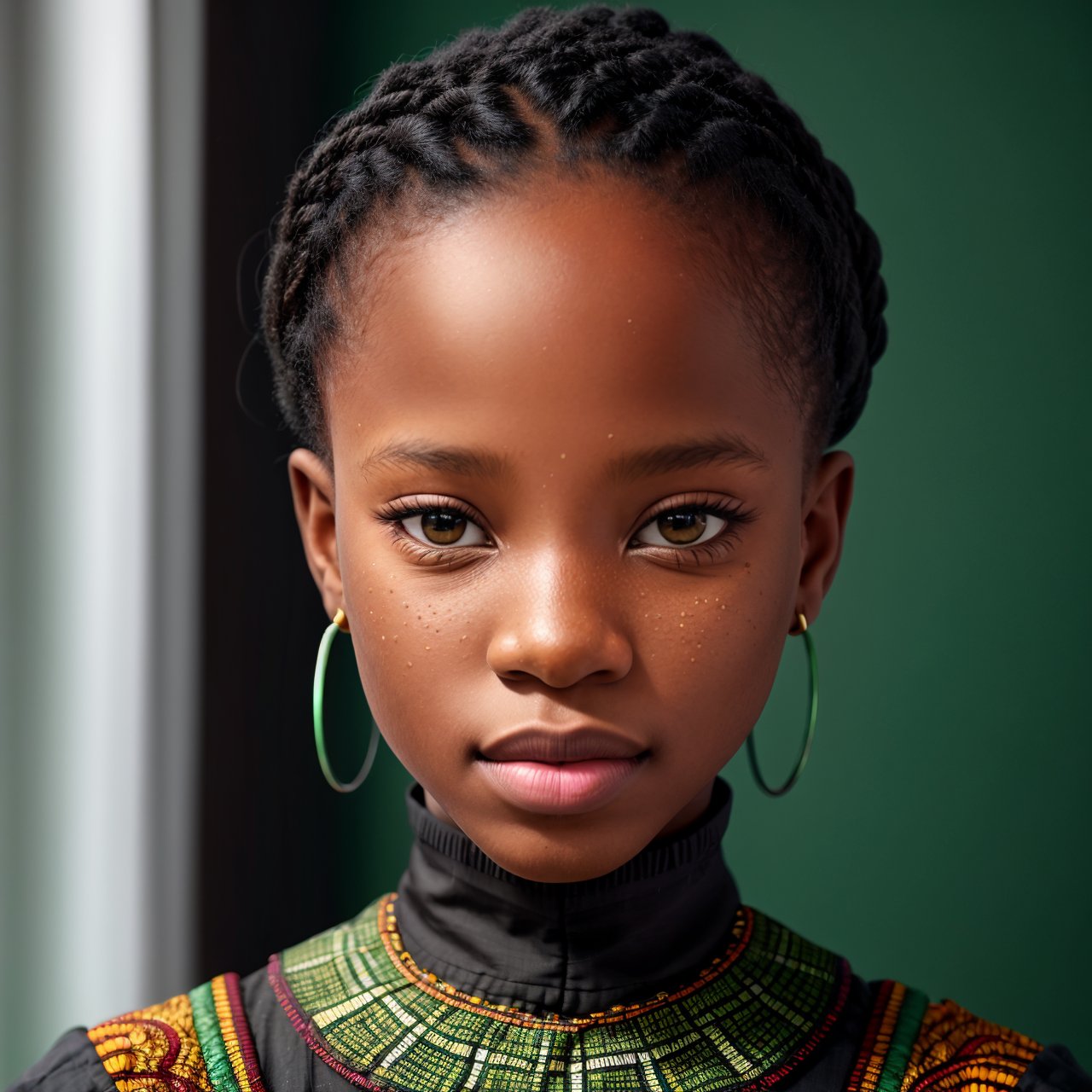 SFW, best quality, extra resolution, wallpaper, HD quality, HD, HQ, 4K, looking at viewer, full body portrait of AIDA_LoRA_EmSam <lora:AIDA_LoRA_EmSam:0.6> in (black traditional African clothes:1.1), little girl, pretty face, beautiful child, very detailed face, (looking at viewer with love:1.3), (very detailed natural skin with pores), dolly short, self-assurance, cinematic, dramatic, insane level of details, intricate pattern, (studio photo:1.3), (trending on artstation:1.3), kkw-ph1, hdr, f1.6, colorful, (light green background:1.1), stunningly beautiful, simple background