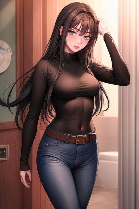 (masterpiece, best quality),<lora:Kang Yuna-lora-Faxtron:0.8> kang yuna, blueish-gray eyes, black hair, long hair, medium breasts, navel, belt, black turtleneck,  long sleeves, blue jeans, brown knee boots,<lora:add_detail:1> 