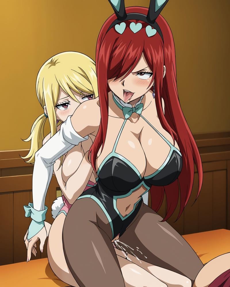 score_9, score_8_up, score_7_up, source_anime,masterpiece,best quality,highres,absurdres,official art,official style,source_anime,anime screencap,anime coloring, anime,animated,explicit, uncensored, nsfw, 2girls, lucy and erza,<lora:private_Fairy_Tail_-_Lucy_Erza_Wendy_Marvell_-_PDXL:1>Erza, bunnysuit, large sexy breasts, big sexy meaty round ass, most of ass completely visible, no panties,(beautiful fingers, five fingers on each hand)<lora:abare:1>  abare, bouncing breasts, motion blur, motion lines, large breasts, <lora:Ahegaoo:1> ahegao, rolling eyes, blush, tongue out, drooling,  saliva, vagina visible, detailed anime vagina, <lora:Lesbian_Face_Riding:1>erza sitting on top of lucy, female orgasm, squirting on another's face,BREAKLucy underneath the other girl, licking girl's vagina,