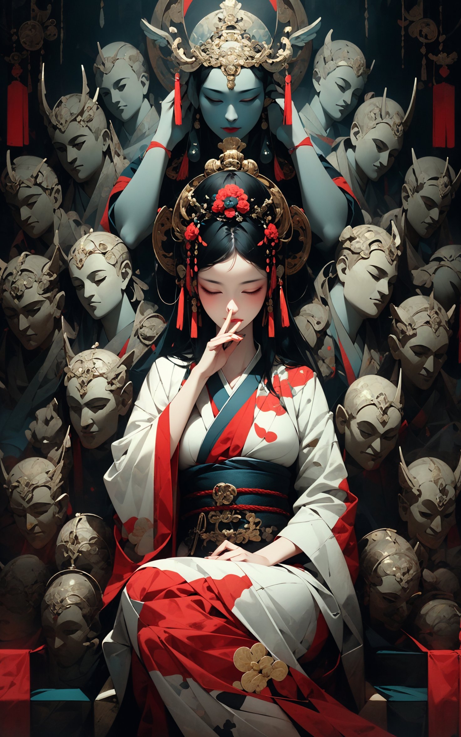 a woman meditating in front of lots of masks, in the style of zhang jingna, photomontage, hirohiko araki, oriental, sergio toppi, theatrical, poster art， <lora:绪儿已成精-佛:0.8>