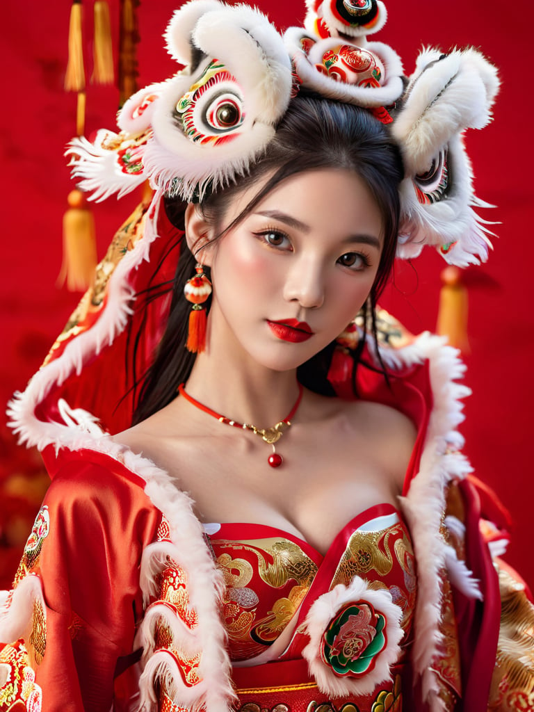 1girl, big lion head,  bare shoulders, black hair, breasts, brown eyes, Chinese clothes, cleavage, eyelashes, hagoromo, hair ornament, jewelry, lips, lipstick, looking at the viewer, makeup, medium breasts, realistic, red lips, shawl, ((full body)), (Lion Dance:1.5), red background <lora:Lion Dance:0.65>