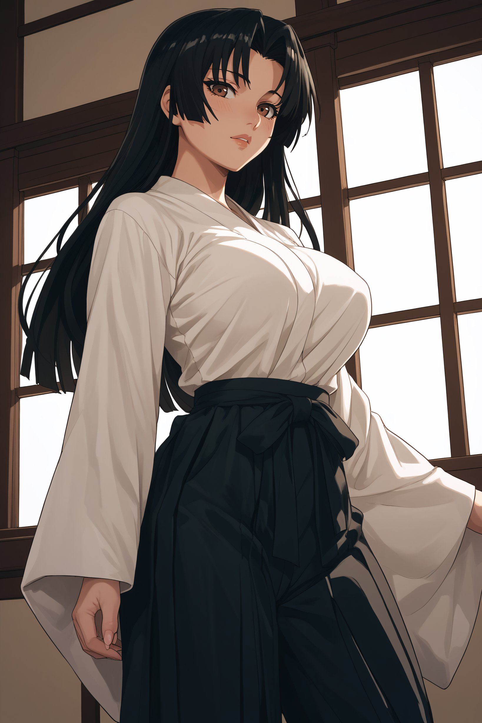 score_9, score_8_up, score_7_up, BREAK source_anime, <lora:Cal Shekar-PonyXL-lora-Faxtron:0.8> cal shekar, brown eyes, black hair, long hair, large breasts, hadanugi dousa, long sleeves, black hakama,