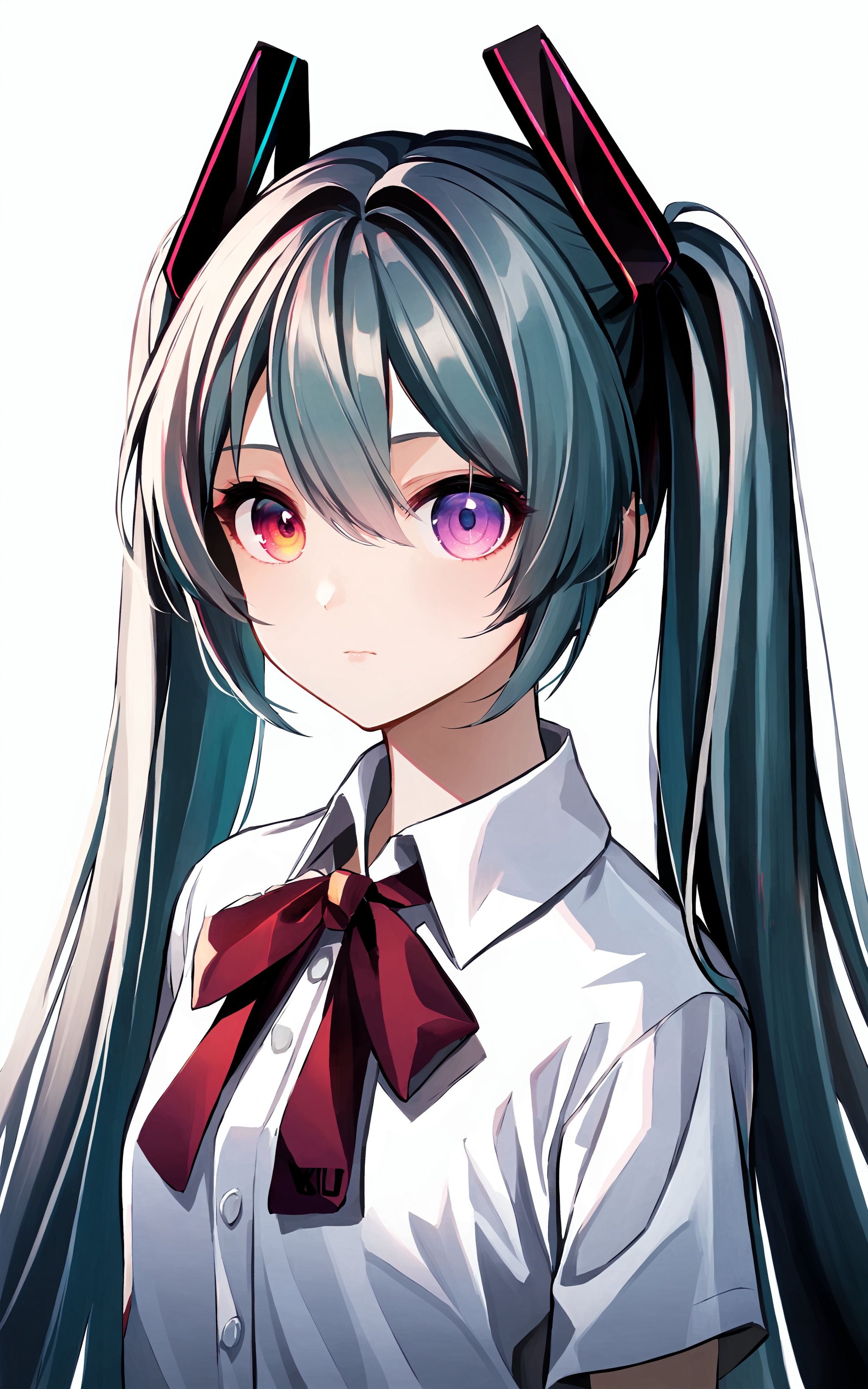 ribbon, 1girl, heterochromia, solo, twintails, long hair, red ribbon, hatsune miku, shirt, neck ribbon, very long hair, hair ribbon, white ribbon, looking at viewer, grey hair, white shirt, upper body, purple eyes, bangs, closed mouth, collared shirt <lora:XLTEST 06:0.75>