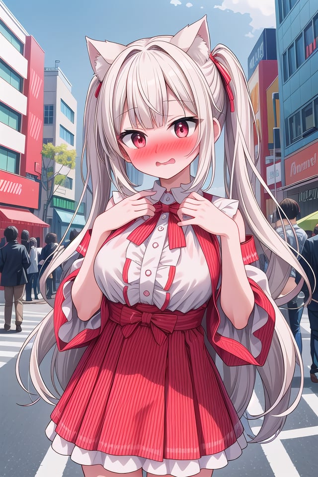 <lora:yudedako_v200:1>insanely detailed, absurdres, ultra-highres, ultra-detailed, best quality,1 girl, solo, nice hands, perfect handsBREAK(wearing green harajuku-style coordinate),shame, embarrassed, open mouth, wavy mouth,dynamic pose, cowboy shot, looking at viewerBREAKslender, kawaii, perfect symmetrical face, ultra cute girl, ultra cute face, ultra detailed eyes, ultra detailed hair, ultra cute, ultra beautiful,in harajuku, shibuya, tokyo, street, crowd, cityscape,medium large breastsBREAK(white medium hair, dark red eyes)