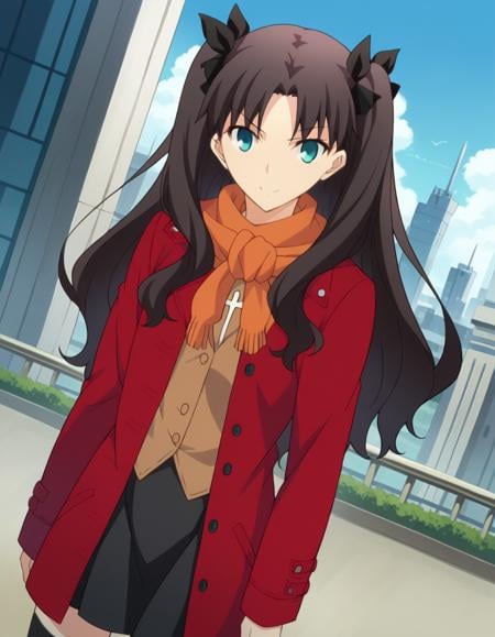 score_9, score_8_up, score_7_up, source_anime,rintohsaka, <lora:rin-tohsaka-ubw-ponyxl-lora-nochekaiser:1>,rin tohsaka, aqua eyes, black hair, hair ribbon, long hair, ribbon, sidelocks, two side up, parted bangs,skirt, thighhighs, long sleeves, pleated skirt, black thighhighs, black skirt, scarf, zettai ryouiki, coat, red coat, orange scarf,outdoors, cityscape, smile,looking at viewer, dutch angle, cowboy shot,