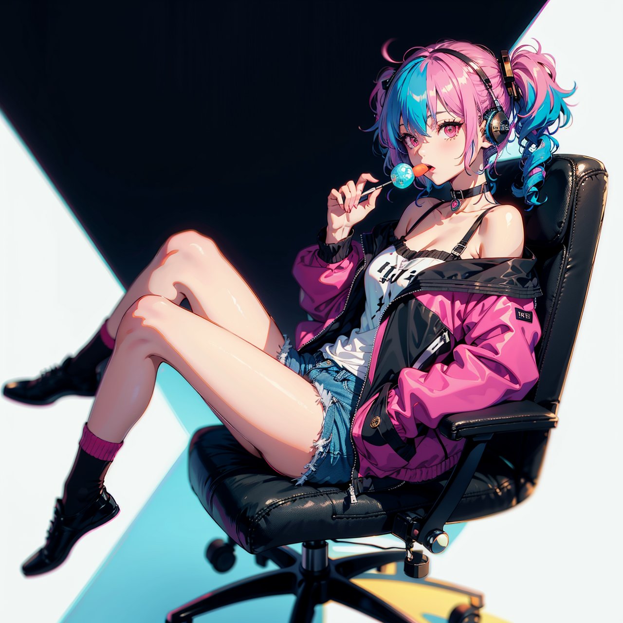 1girl, solo, pink hair, headphones, drill hair, sitting, socks, twin drills, chair, jacket, black background, multicolored hair, looking at viewer, black jacket, simple background, long sleeves, full body, hair ornament, white socks, holding, choker, bangs, shirt, shorts, chewing gum, knees up, food, controller, black choker, pink eyes, off shoulder, stuffed toy, office chair, lollipop, hair between eyes, slippers, blue hair, black shorts, stuffed animal, twintails, open jacket ,