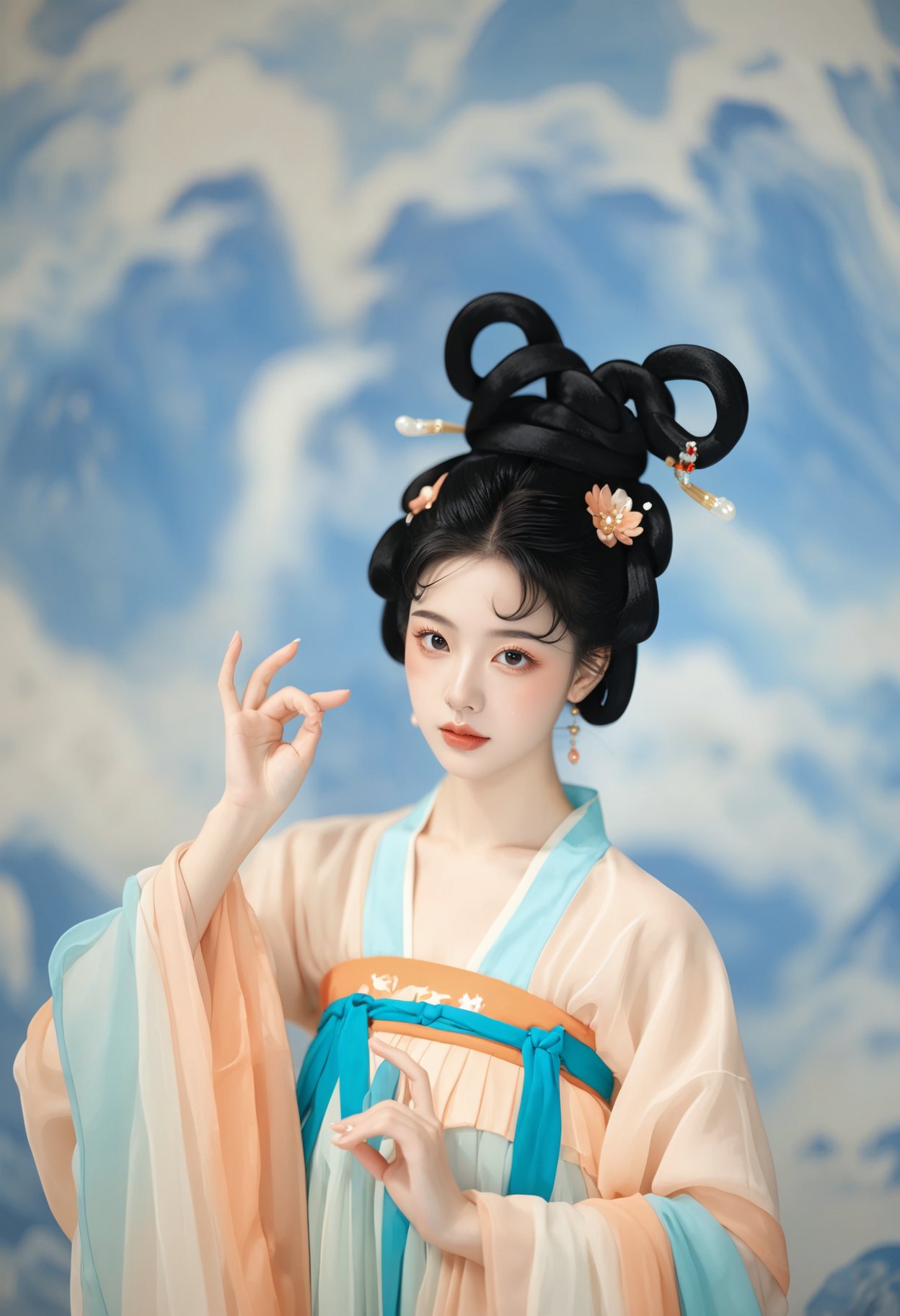 Photograph, young woman in traditional Chinese attire, Tang dynasty, intricate hair ornaments, delicate makeup, serene expression, soft lighting, blurred background, flowing blue and peach robes, delicate hand gesture, elegant and poised demeanor.