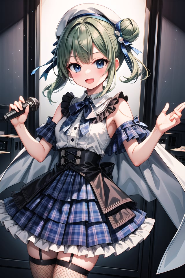 insanely detailed, absurdres, ultra-highres, ultra-detailed, best quality,1girl, solo, nice hands, perfect handsBREAK(nsfw:-1.5),(gothic drress, Idol costume:1.3), (blue and white theme:1.2), (white blouse:1.4), (white collar, tie:1.3), (open short-cape:1.3), (short sleeve:1.2), (blue tartan-check pattern (ruffle-skirt, multilayer-skirt):1.4), (white basque-beret with ribbon:1.3), (Fishnet stockings:1.3), (glove:1.2), (cleavage:-1.5)BREAKhappy smile, laugh, open mouth, (standing, singing, dancing, holding microphone:1.4)BREAKfrom above,seductive pose, cowboy shotBREAKslender, kawaii, perfect symmetrical face, ultra cute girl, ultra cute face, ultra detailed eyes, ultra detailed hair, ultra cute, ultra beautifulBREAKindoors, concert hall, idol live, crowded audienceBREAKmedium breastsBREAKgreen hair, black eyes, ballerina bun,