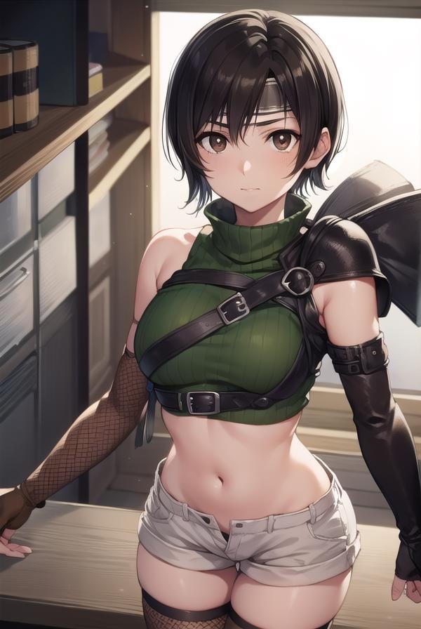 yuffiekisaragi, <lora:yuffie kisaragi v2-lora-nochekaiser:1>, yuffie kisaragi, (black hair:1.5), (brown eyes:1.7), short hair, pixie cut,BREAK crop top, fingerless gloves, fishnet thighhighs, fishnets, forehead protector, gloves, headband, navel, short shorts, shorts, single sleeve, single thighhigh, sleeveless, sleeveless turtleneck, thighhighs, turtleneck,BREAK cowboy shot, looking at viewer, BREAK indoors,BREAK <lyco:GoodHands-beta2:1>, (masterpiece:1.2), best quality, high resolution, unity 8k wallpaper, (illustration:0.8), (beautiful detailed eyes:1.6), extremely detailed face, perfect lighting, extremely detailed CG, (perfect hands, perfect anatomy),