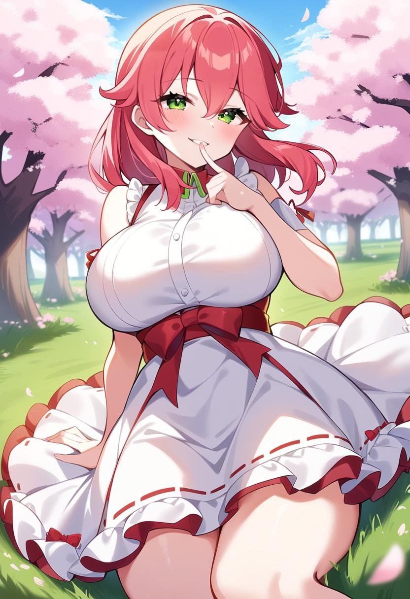 1girl, sakura miko, short hair, pink hair, green eyes, large breasts, seductive smile, finger to mouth, white dress, frilled dress, cherry blossoms, field, masterpiece, best quality, very aesthetic, absurdres, 