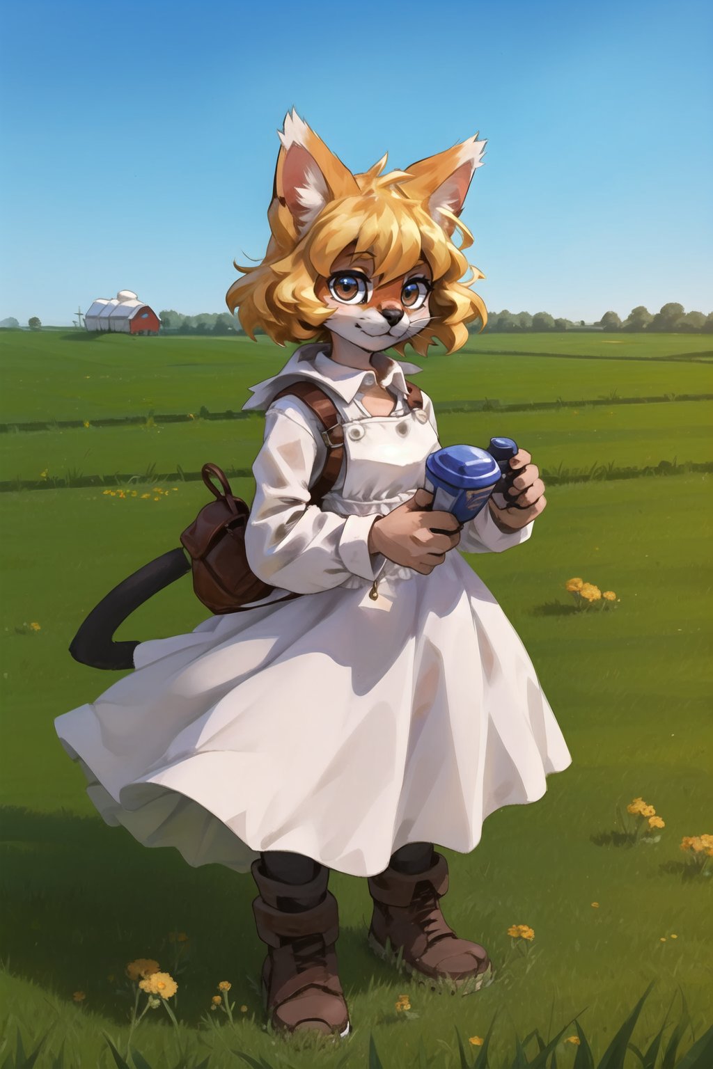 masterpiece, best quality, looking at viewer, soumao,servalcatfurry cat girl,blonde,farmer dress, farm,grass,wind <lora:servalcat:0.6>