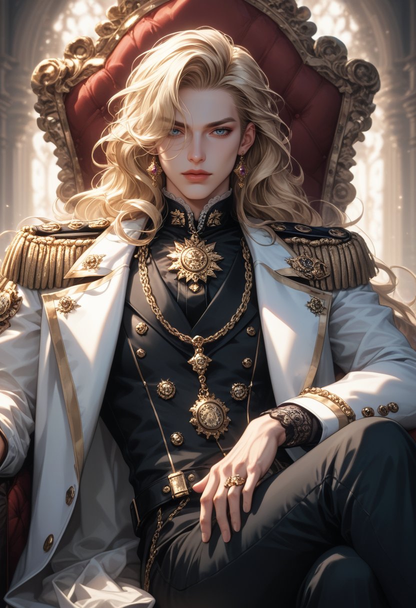 score_9, score_8_up, score_7_up, aristocratic military officer, elegant white coat with ornate decorations, gold epaulettes, intricate chains and medals, black gloves, slick black pants, silver embroidery, long blonde wavy hair covering one eye, sitting on a regal throne, holding a monocle, confident and calm expression, pale skin, dramatic lighting, luxurious palace background, dark and moody atmosphere, other soldiers in background, high fashion, commanding presence, gothic aristocracy, regal pose, steampunk aesthetic, tailored suit, intricate details