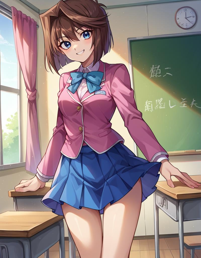 score_9, score_8_up, score_7_up, source_anime,anzumazaki, <lora:anzu-mazaki-ponyxl-lora-nochekaiser:1>anzu mazaki, blue eyes, brown hair, short hair,blazer, blue skirt, domino high school uniform, jacket, miniskirt, pink shirt, school uniform, shirt, skirt,indoors, classroom, smile,looking at viewer, cowboy shot, dutch angle,